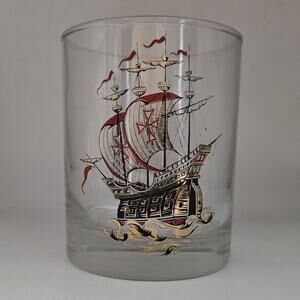 Vintage Sailing Ship Rocks Glasses Set of 2 Nautical Gold Red Old Fashioned
